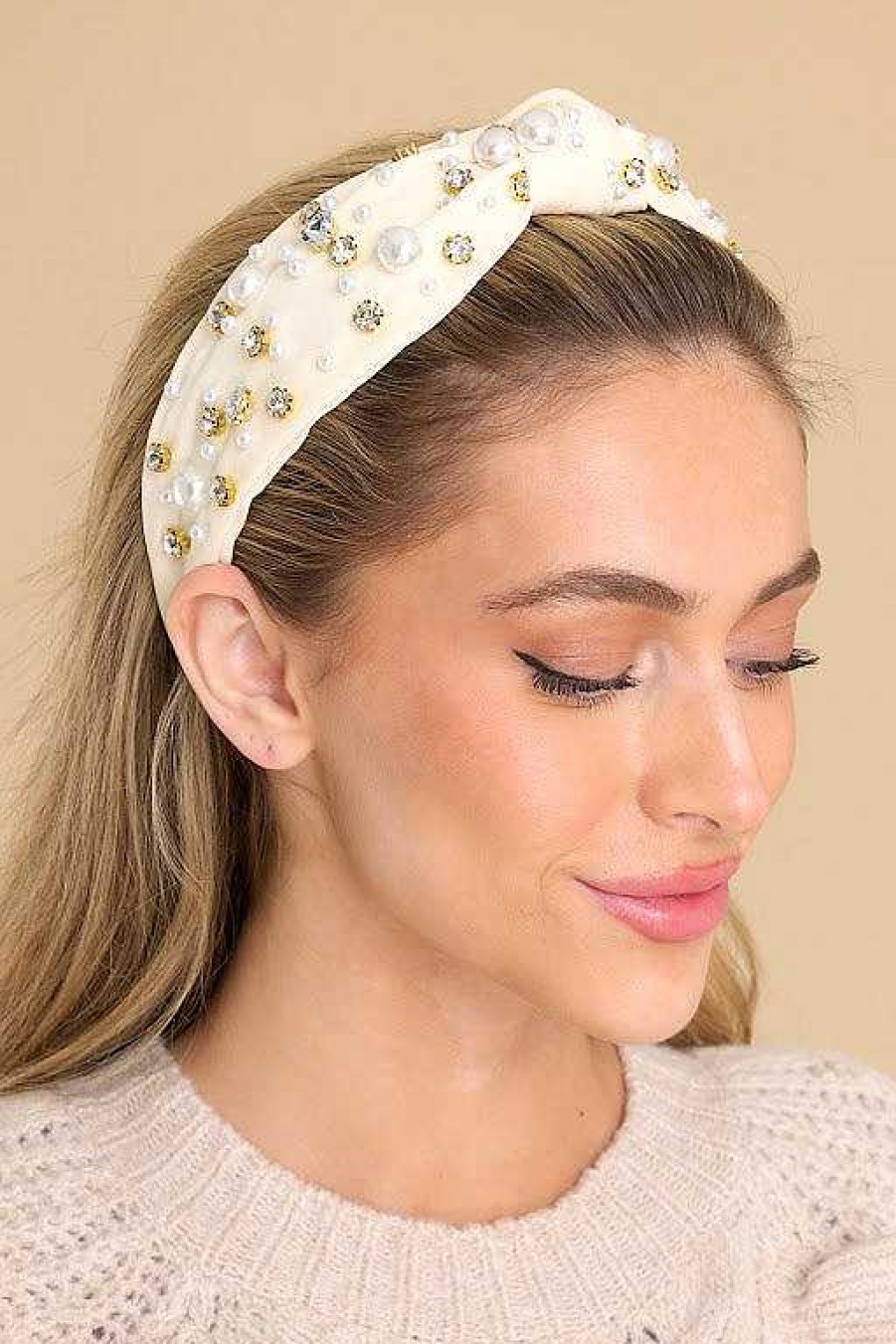 Accessories Red Dress Hair Accessories | Sweet Feelings Natural Bejeweled Headband Taupe