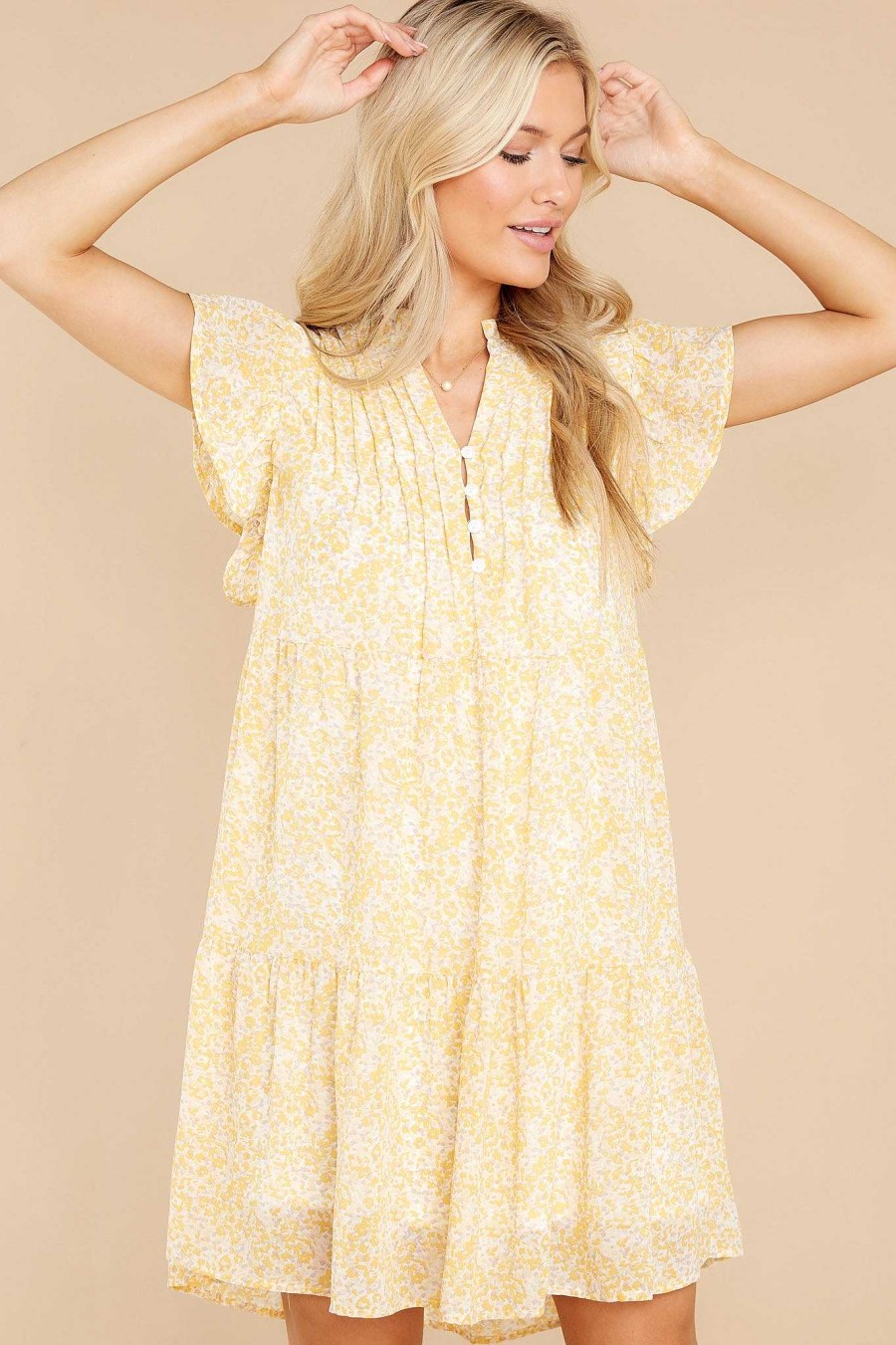Clothing Red Dress Mini Dresses | Catch The Rain Floral Print Dress Yellow