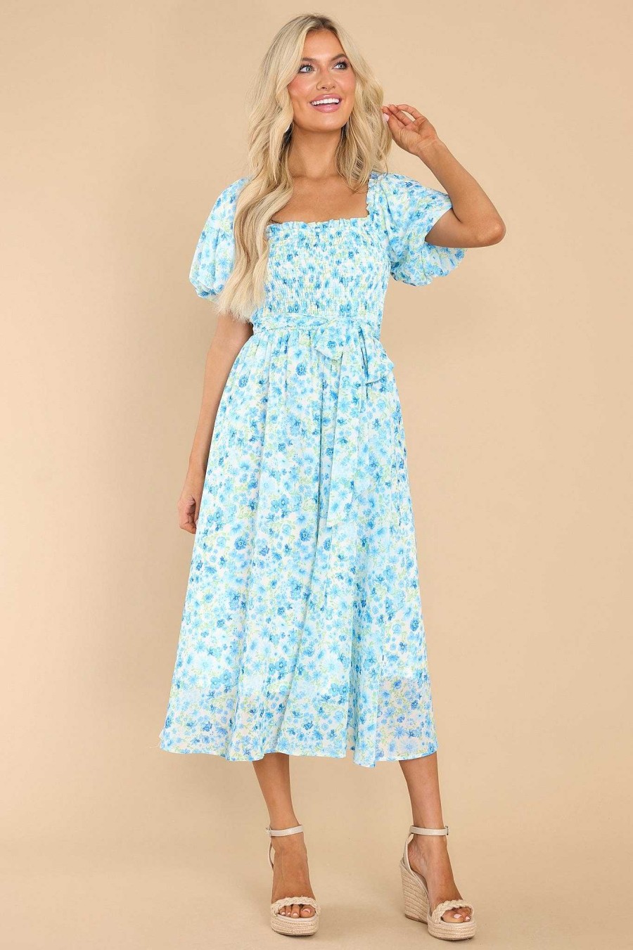 Clothing Aura Midi Dresses | Grow Freely Blue Floral Print Midi Dress Light Blue