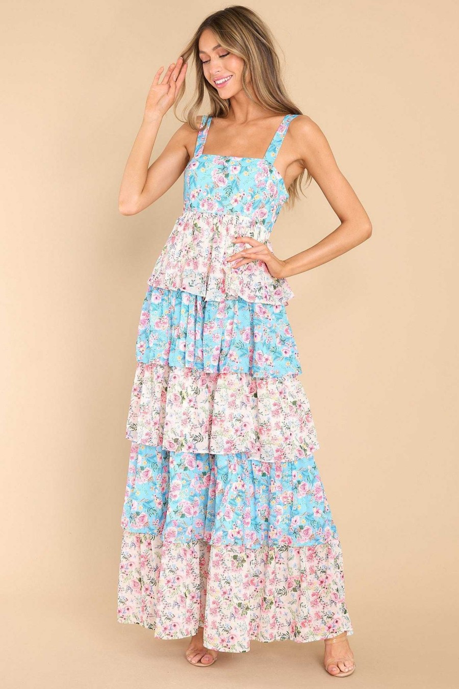 Clothing Red Dress Maxi Dresses | On The Edge Of Spring Blue Floral Print Maxi Dress Blue Ivory Floral