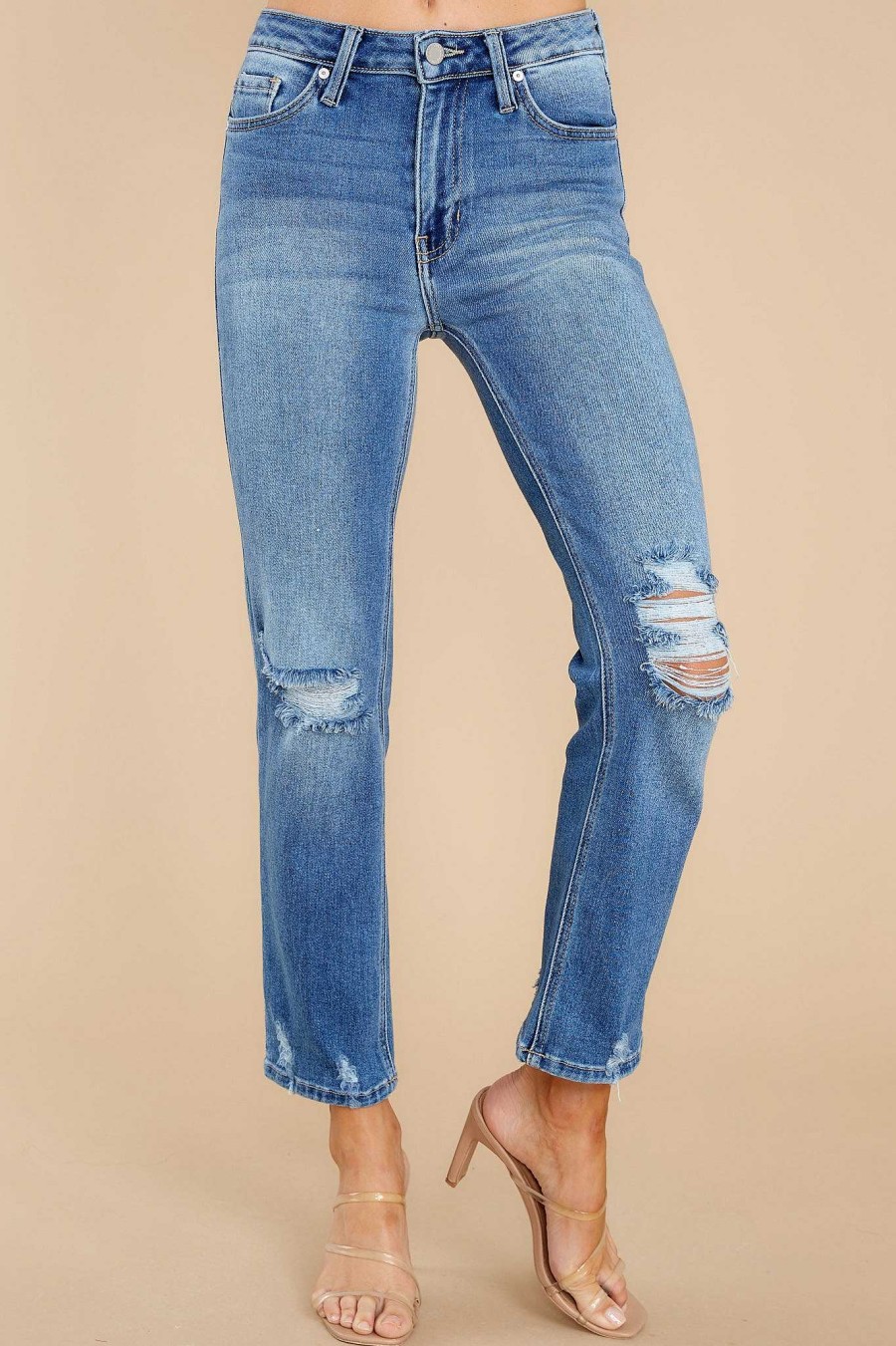 Clothing Just Black Straight Leg | Your Go To Medium Wash Distressed Straight Jeans Blue