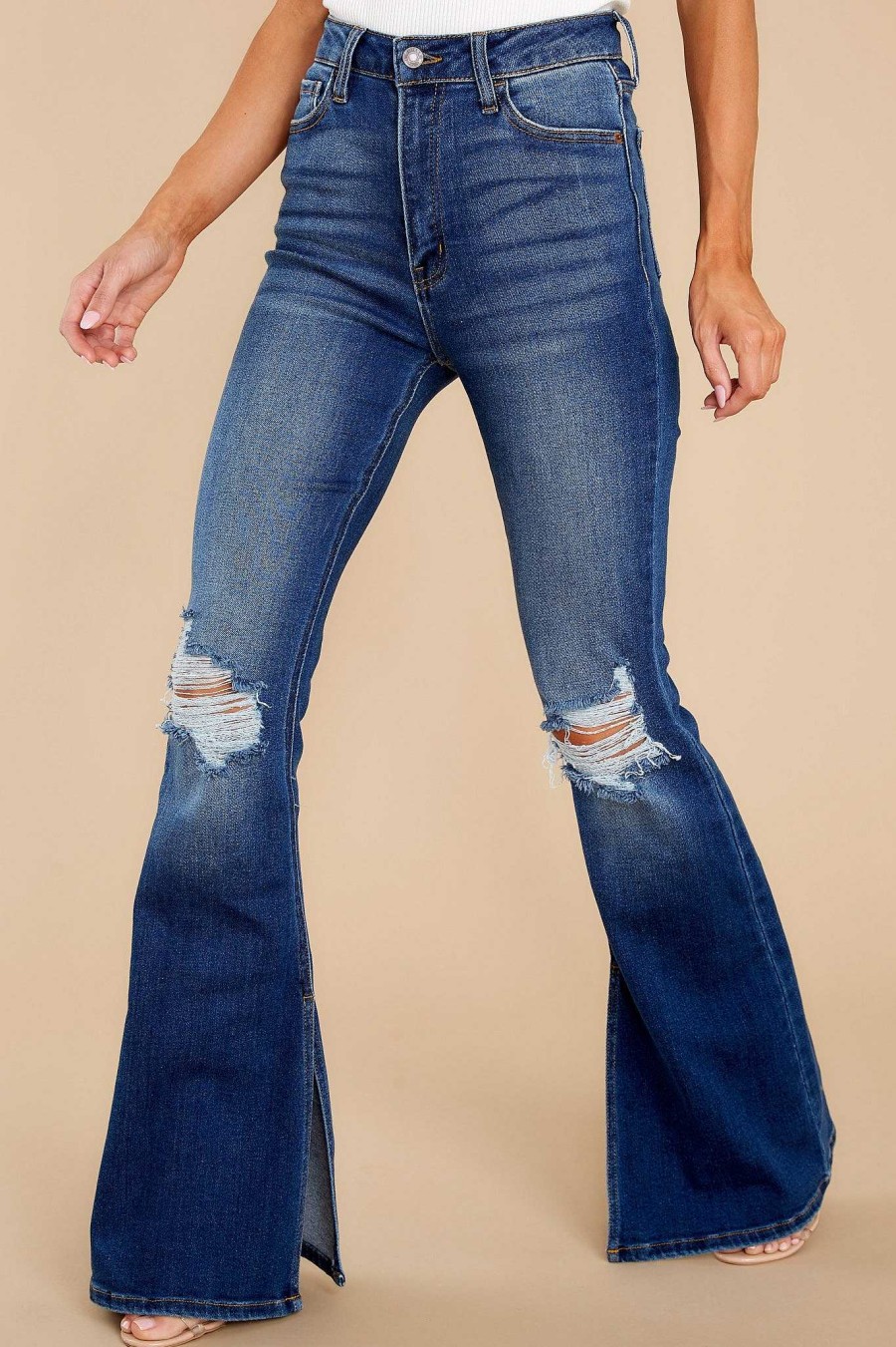Clothing Red Dress Wide Leg | Surprise Them Distressed Flare Jeans Dark Wash