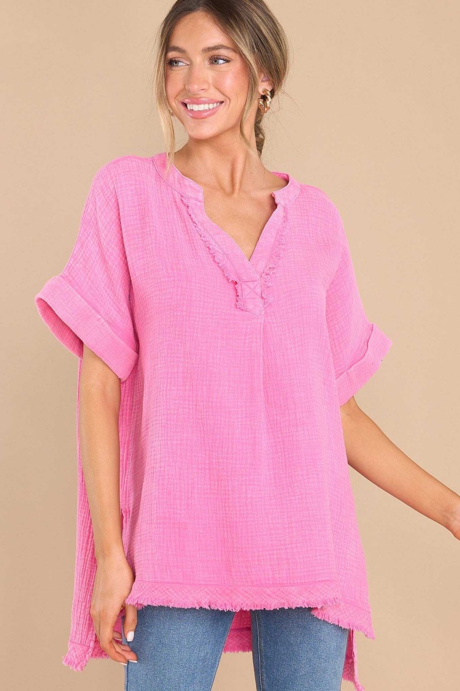 Clothing Red Dress Casual Tops | Staying Right Here Gauze Top Pink