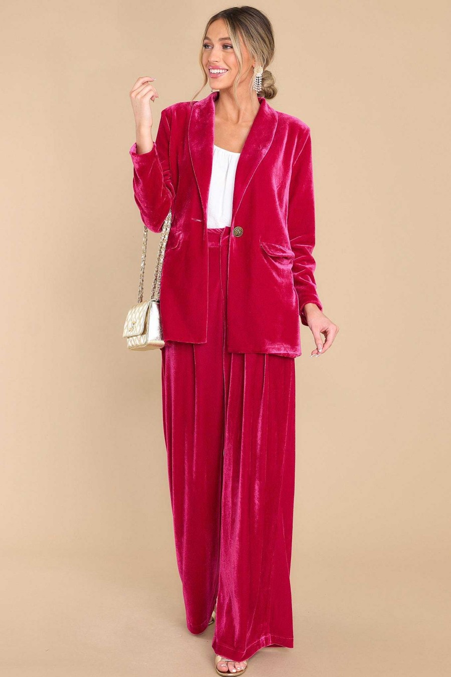 Clothing Aura Two Piece Sets | Boss Babe Velvet Blazer Hot Pink