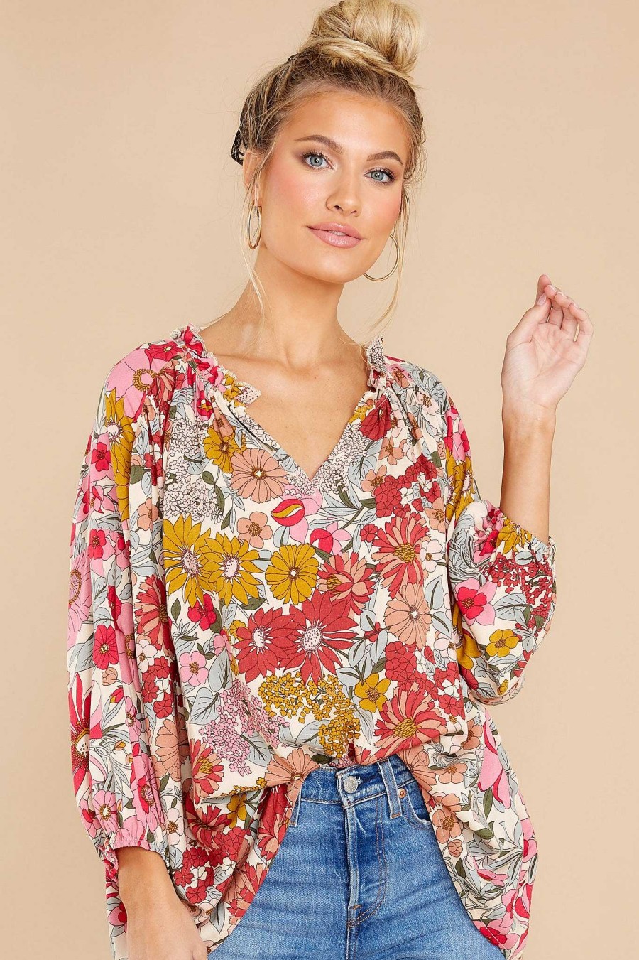Clothing Red Dress Blouses & Shirts | Blooming Surprise Pink Multi Floral Print Top Blooming Pink
