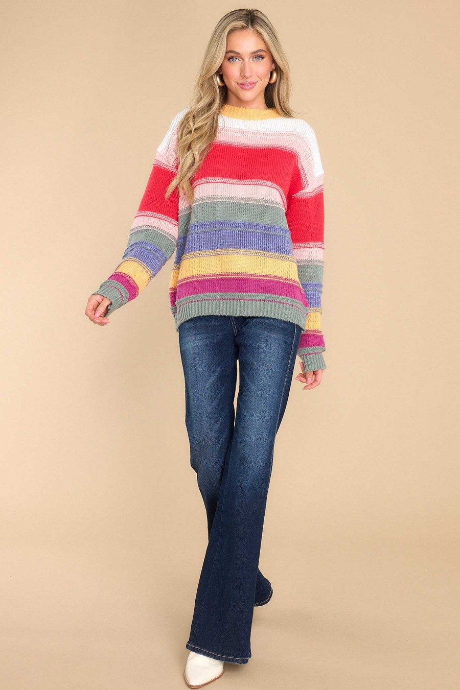 Clothing Red Dress Casual Tops | End Of The Rainbow Red Stripe Sweater Multi