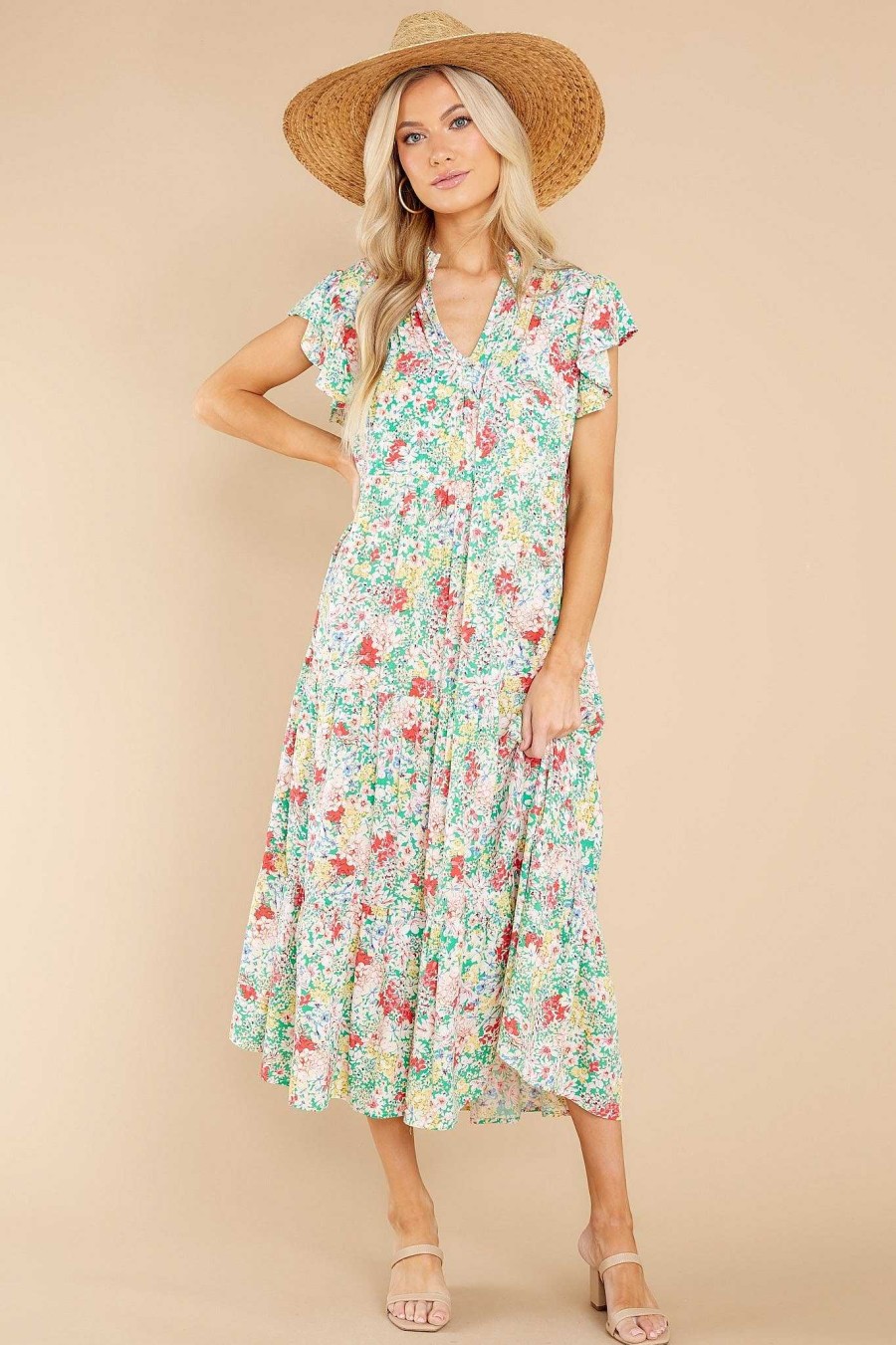Clothing Red Dress Floral Dresses | Life Begins Floral Print Midi Dress Green