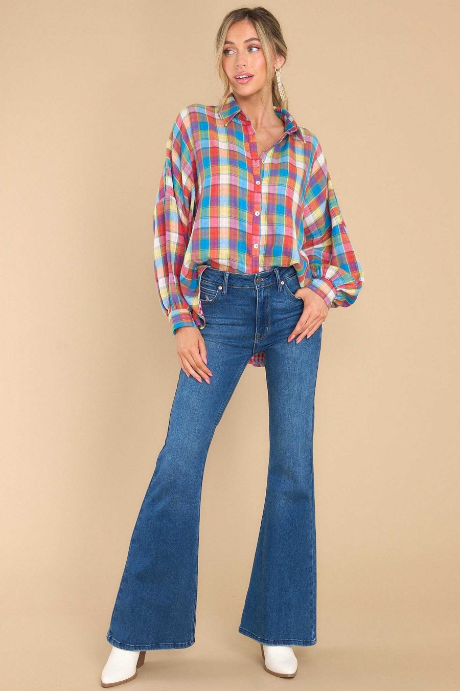 Clothing Aura Casual Tops | Doesn'T Add Up Multi Plaid Top Blue