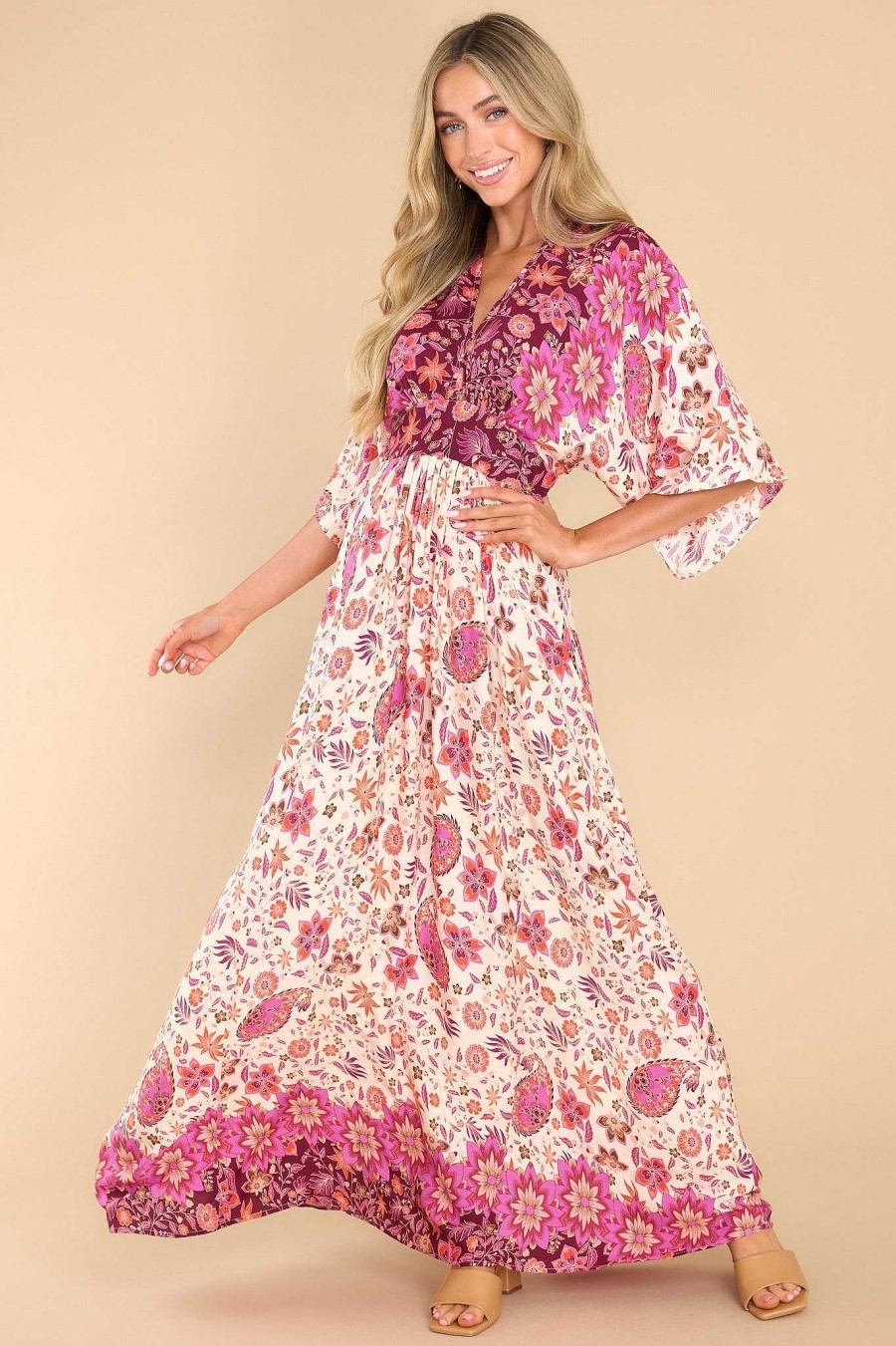 Clothing Red Dress Maxi Dresses | Charming Breeze Print Maxi Dress Burgundy