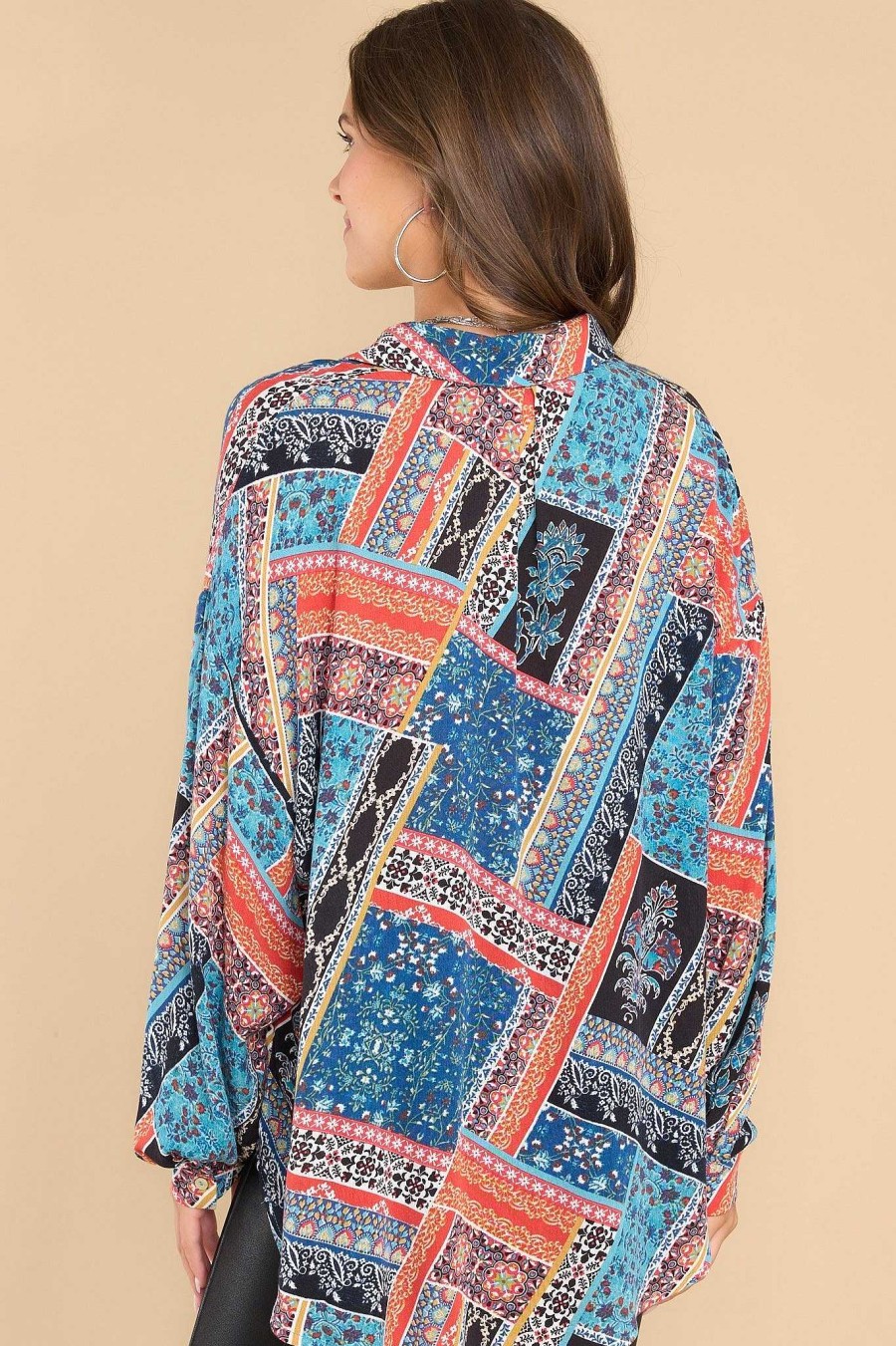 Clothing Aura Casual Tops | Brave New World Patchwork Print Top Teal