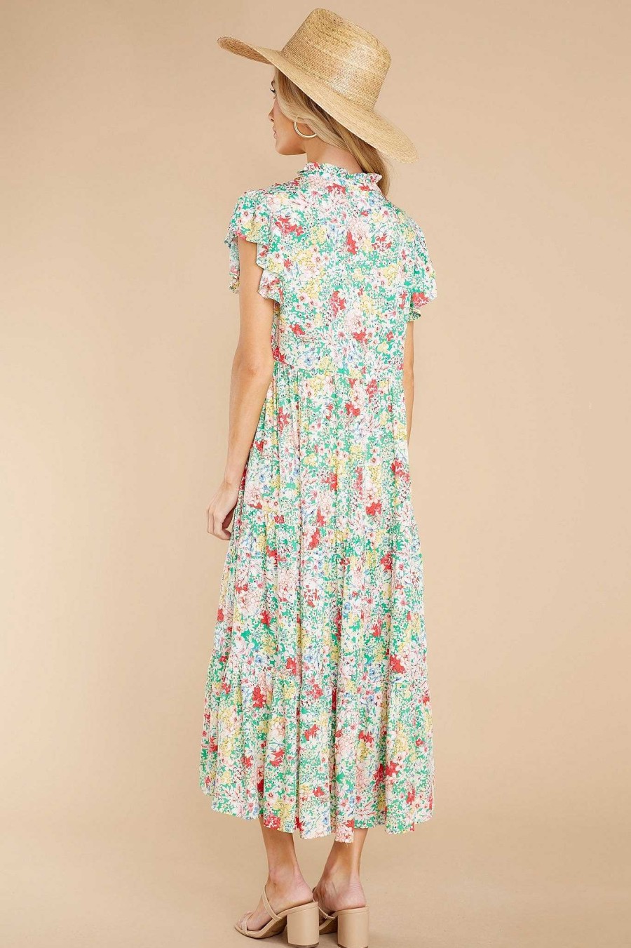 Clothing Red Dress Floral Dresses | Life Begins Floral Print Midi Dress Green