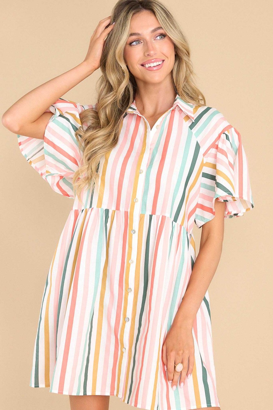 Clothing Aura Mini Dresses | In The Clouds Multi Stripe Dress Desert Sage