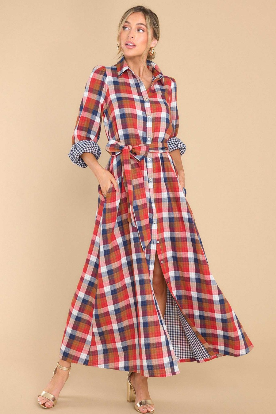 Clothing Aura Maxi Dresses | Closing That Door Multi Plaid Maxi Dress Red