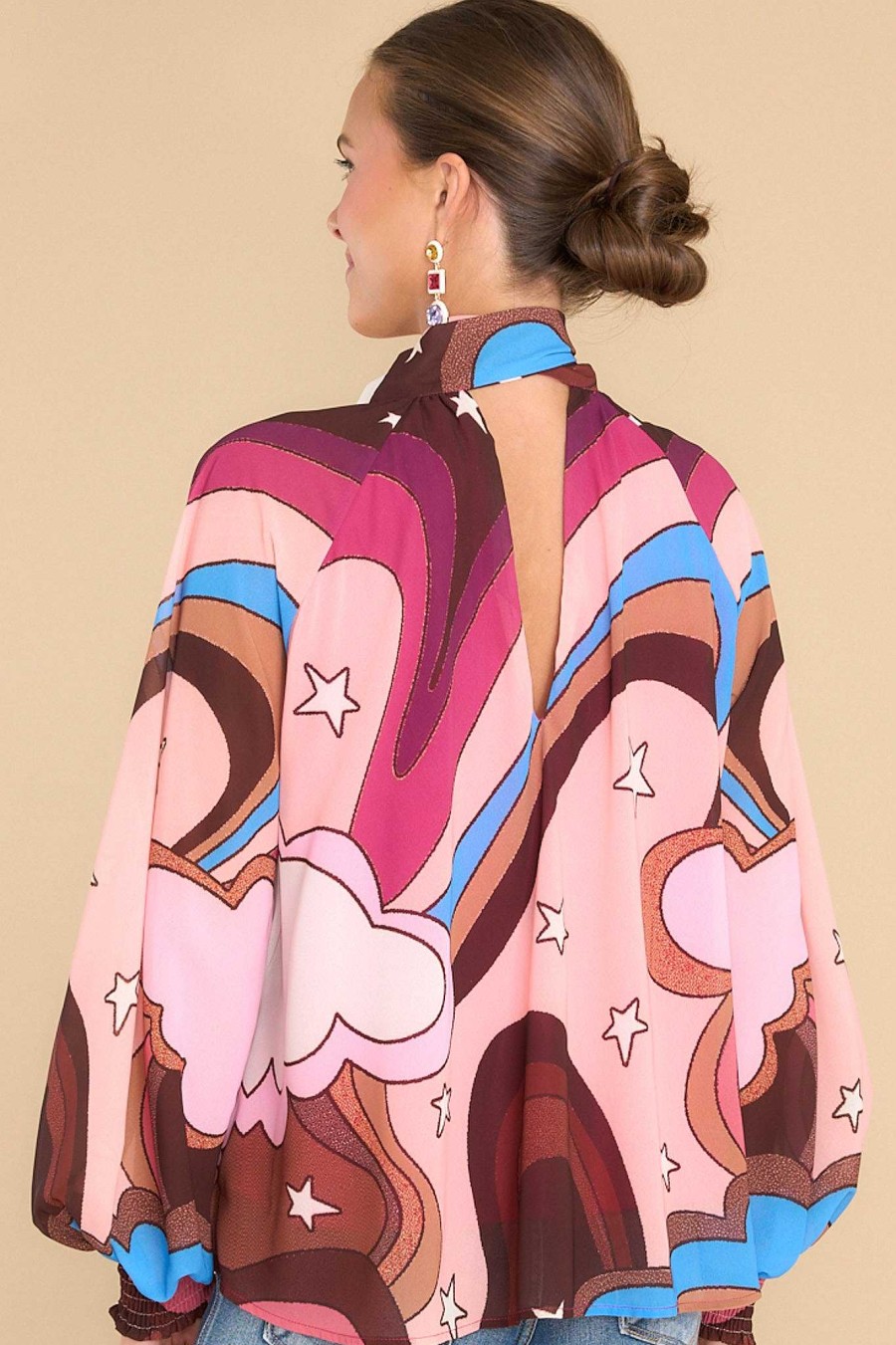 Clothing Aura Blouses & Shirts | Vivid Imagination Berry Multi Print Top Raspberry