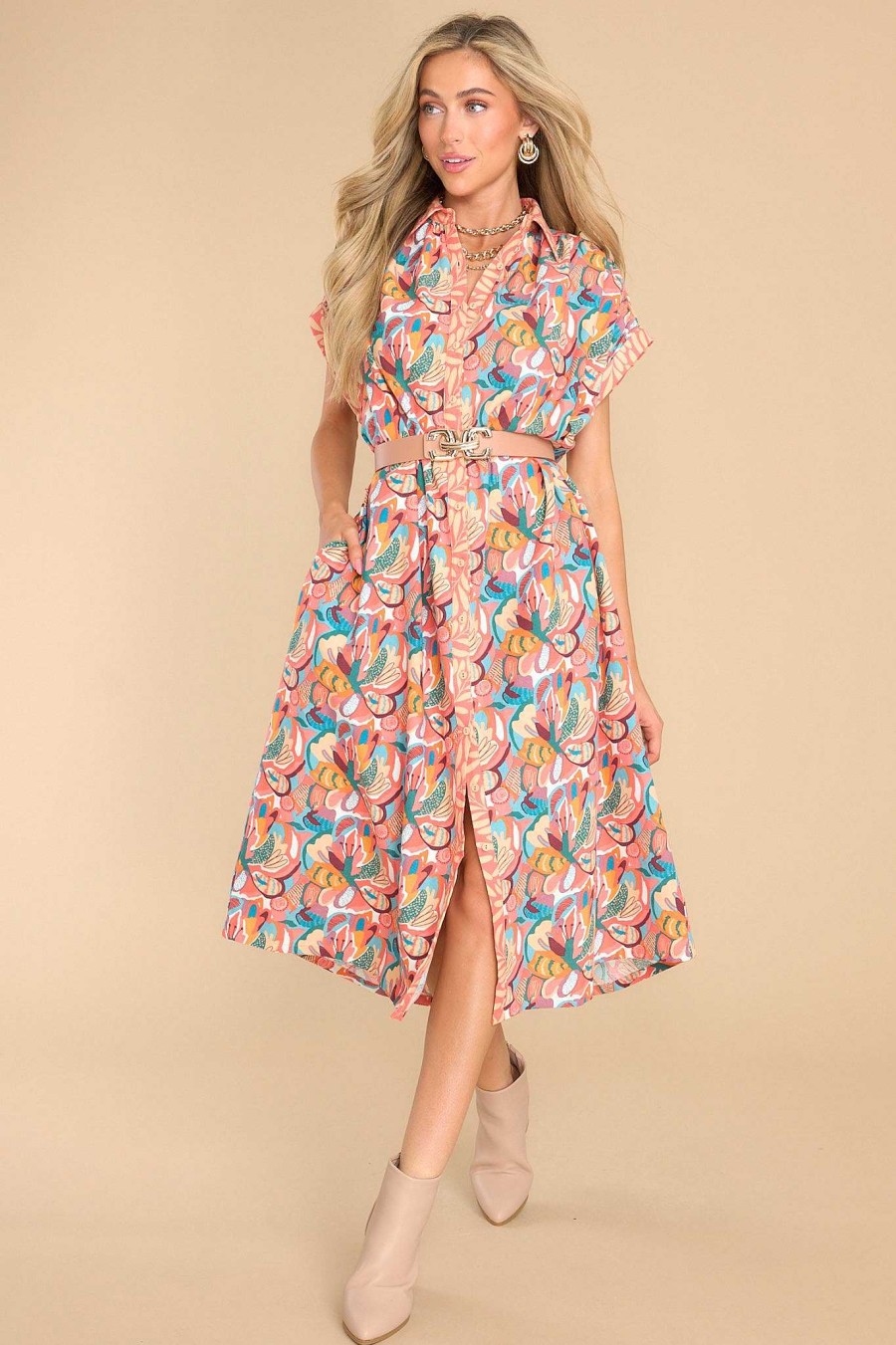 Clothing Aura Midi Dresses | Just A Feeling Coral Floral Print Midi Dress Multi