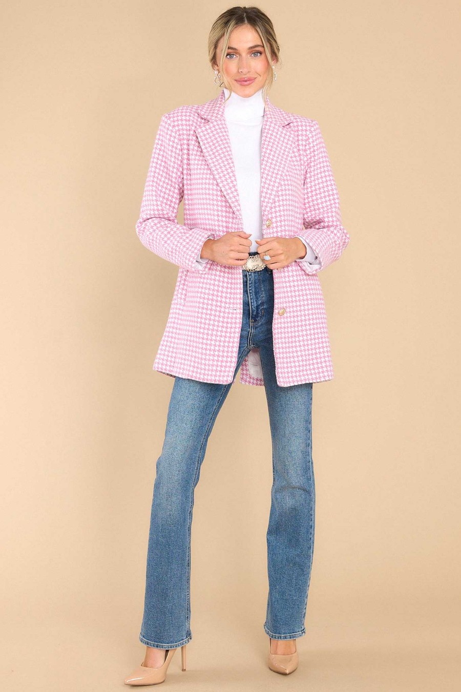 Clothing Aura Jackets | No Bad Angles Houndstooth Blazer Rose Pink