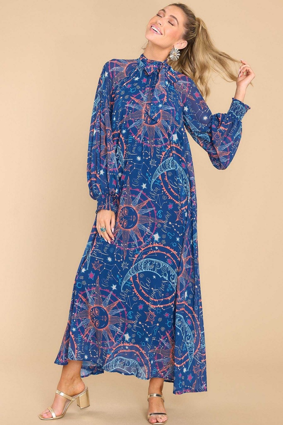 Clothing Aura Maxi Dresses | Head In The Stars Multi Print Maxi Dress Navy