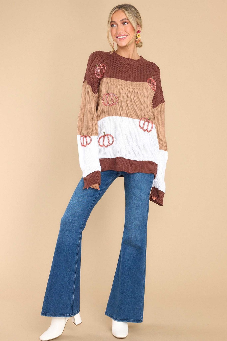 Clothing Red Dress Casual Tops | Harvest Hues Multi Print Sweater Brown