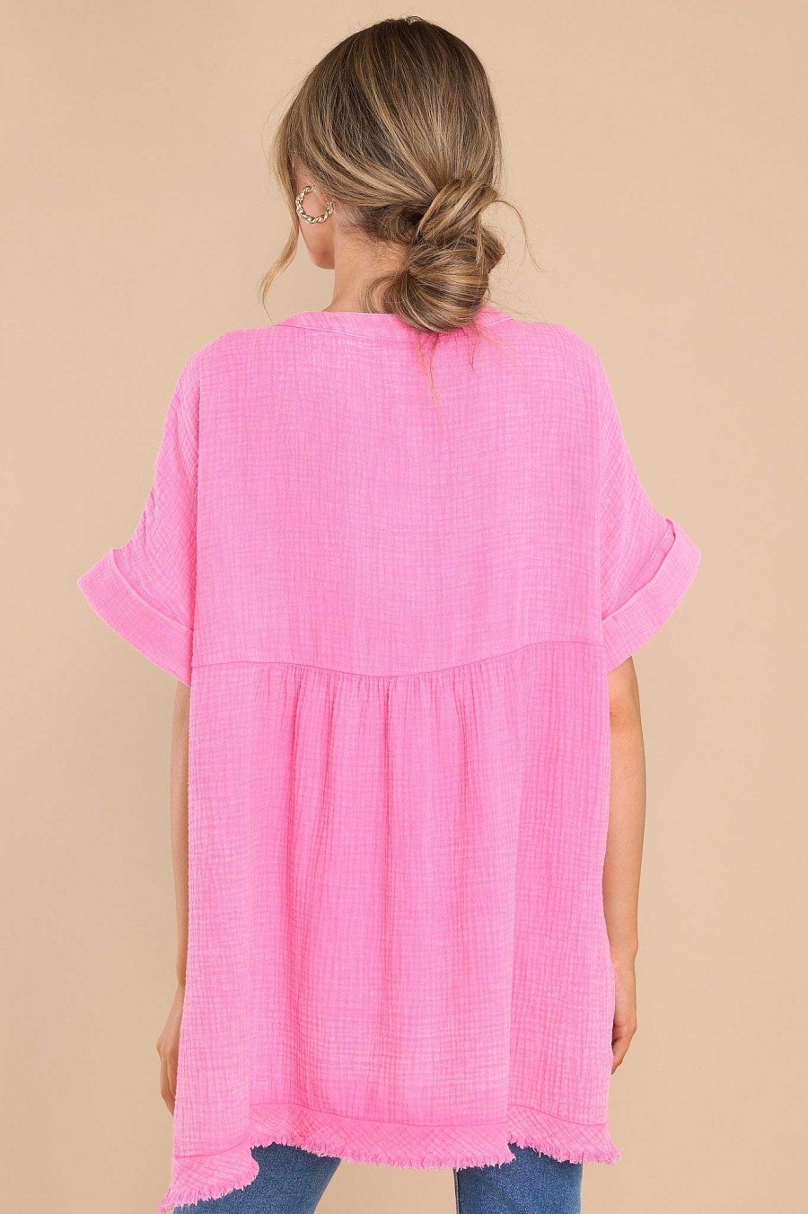 Clothing Red Dress Casual Tops | Staying Right Here Gauze Top Pink