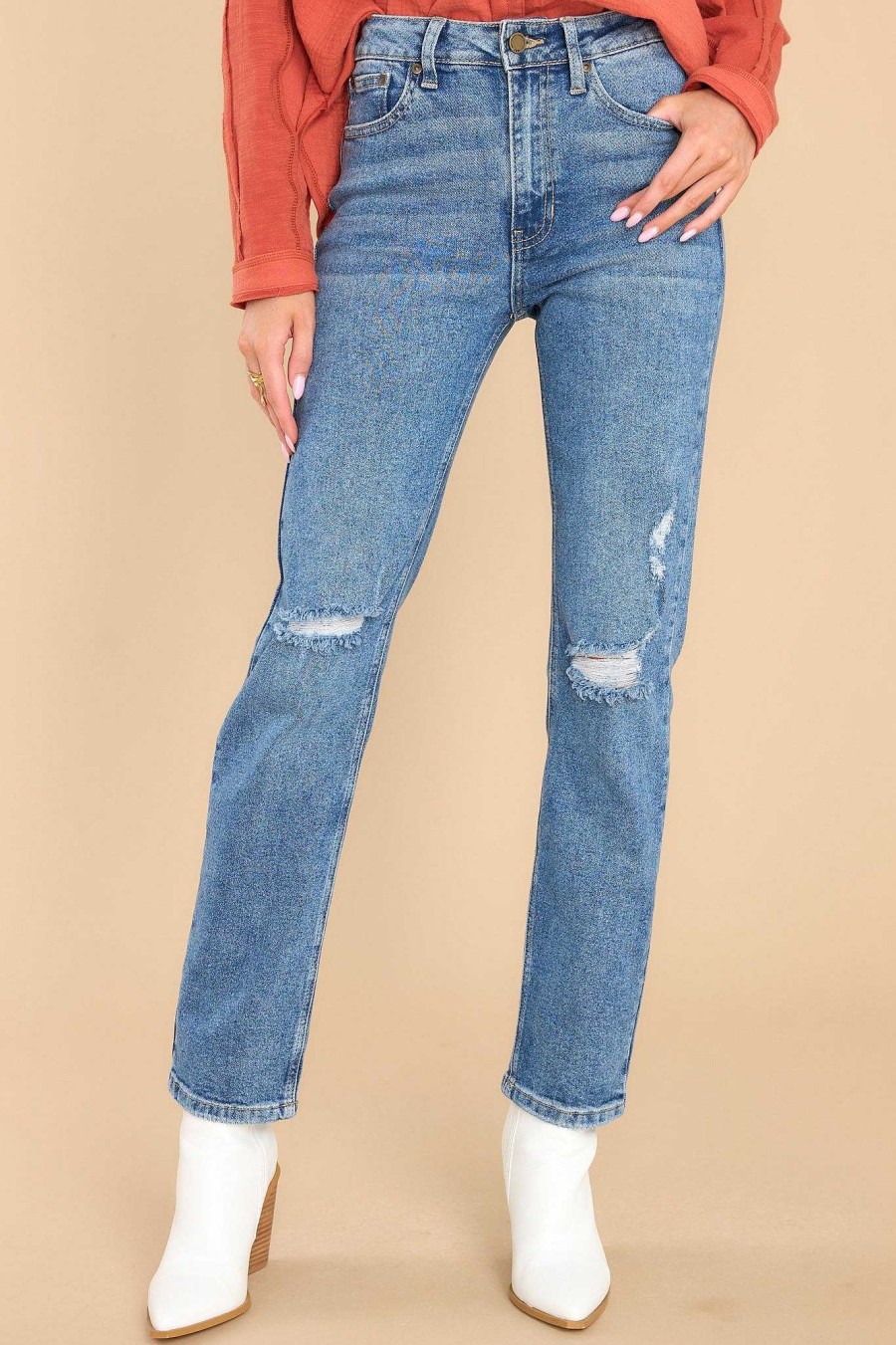 Clothing Red Dress Distressed Denim | All The Rage Distressed Straight Jeans Medium Wash