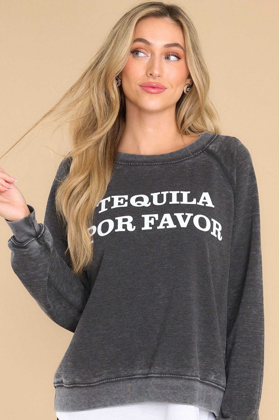 Clothing Recycled Karma Casual Tops | Tequila Por Favor Sweatshirt Black