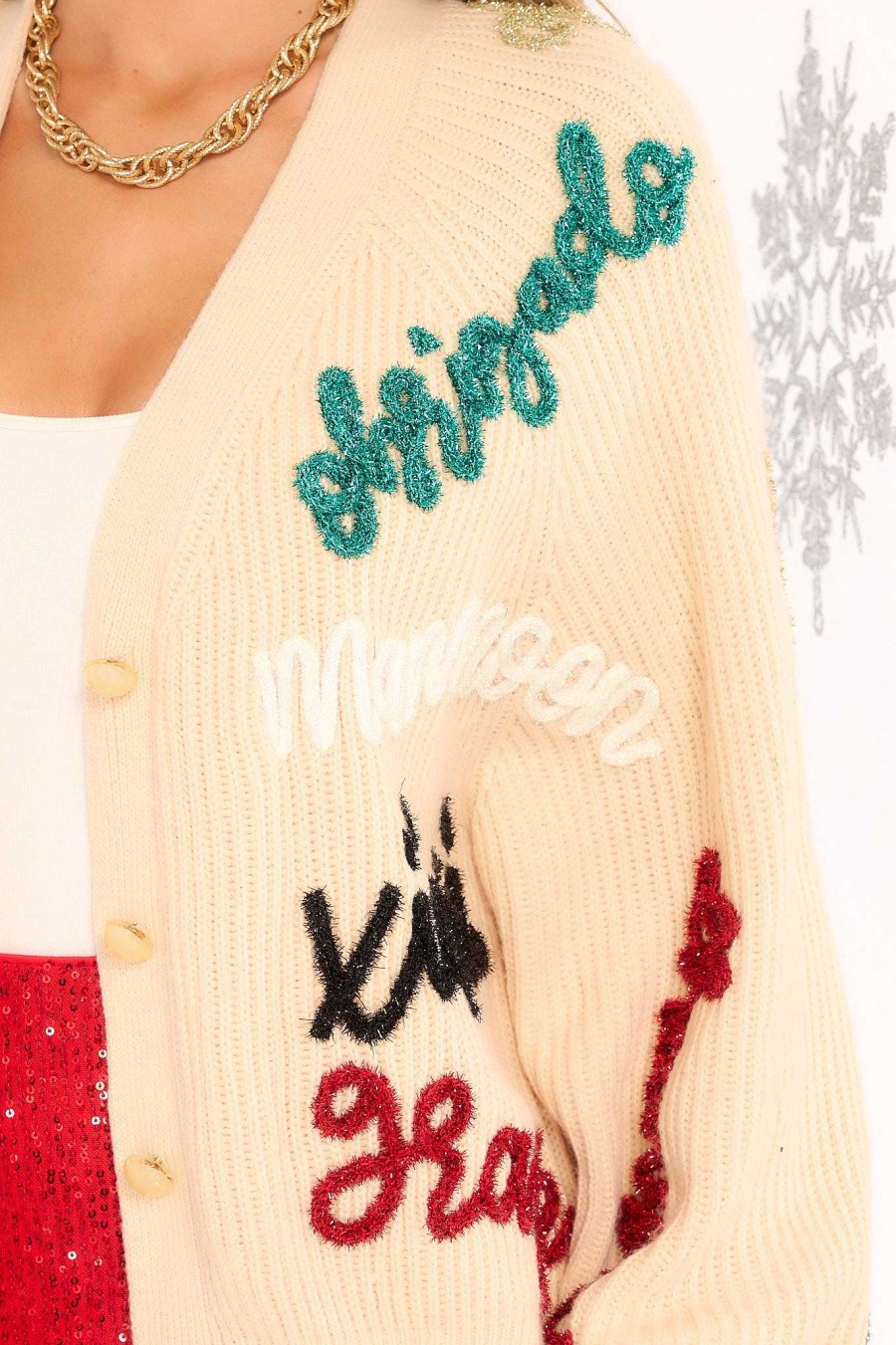 Clothing Queen of Sparkles Sweaters | Multi Thanks Glitter Script Cardigan Beige