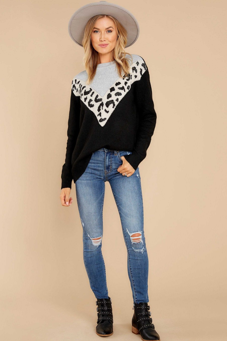 Clothing Red Dress Sweaters | Wild Feather Leopard Print Sweater Black