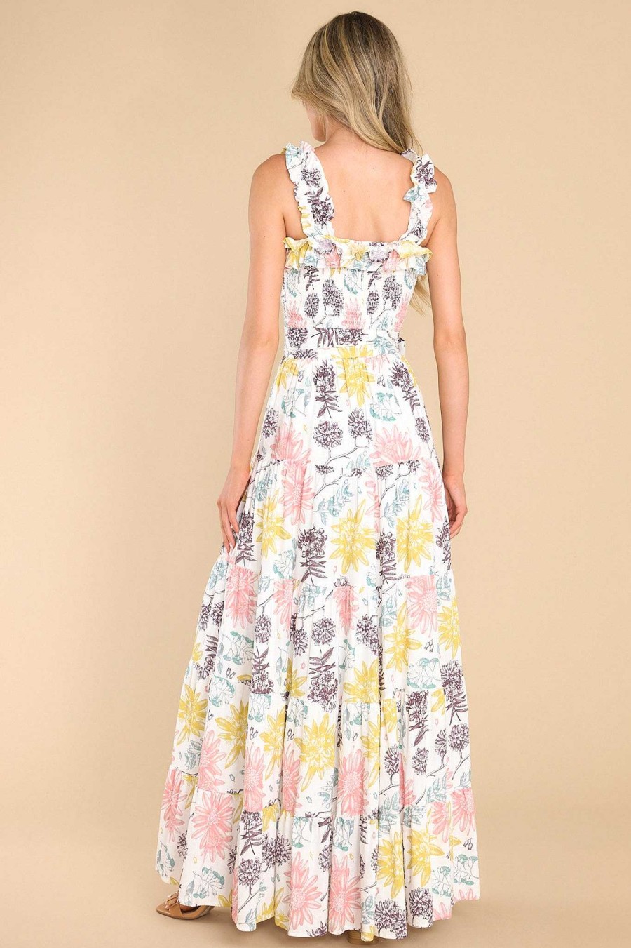 Clothing Aura Maxi Dresses | Inner Chaos Floral Print Maxi Dress Ivory