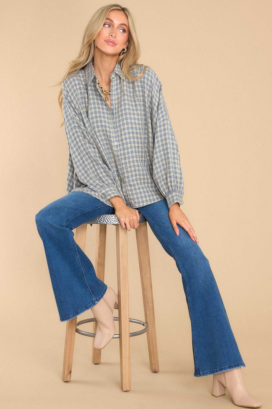 Clothing Aura Casual Tops | Keep Showing Up Plaid Top Blue
