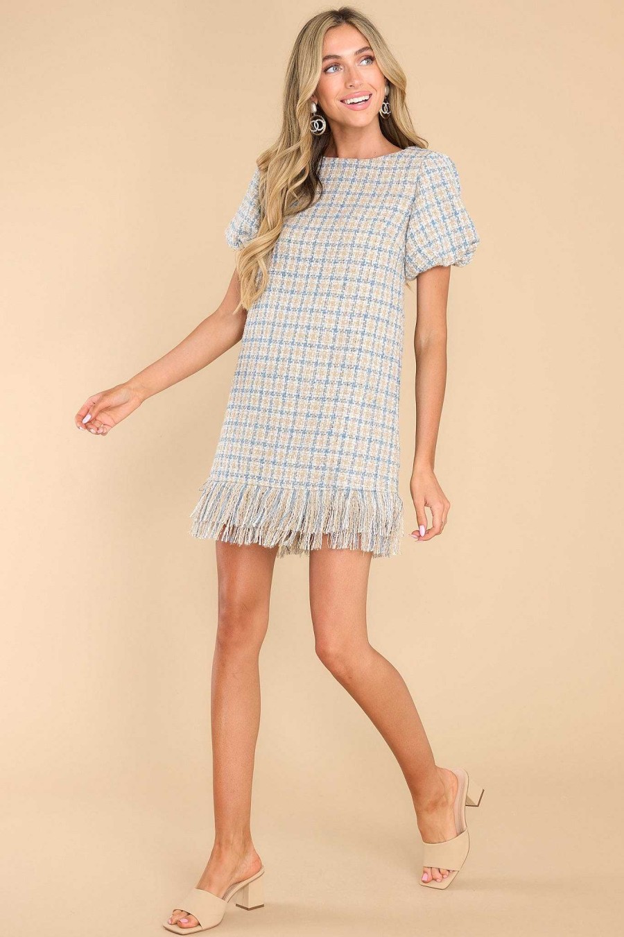 Clothing Aura Mini Dresses | Neutral Beauty Plaid Tweed Dress Beige