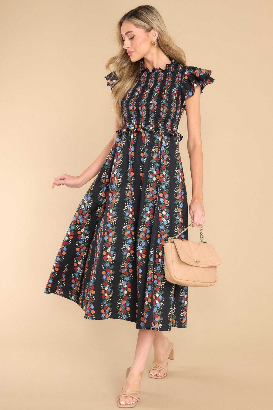 Clothing Olivia James The Label Midi Dresses | Lila Alpine Stripe Dress Black