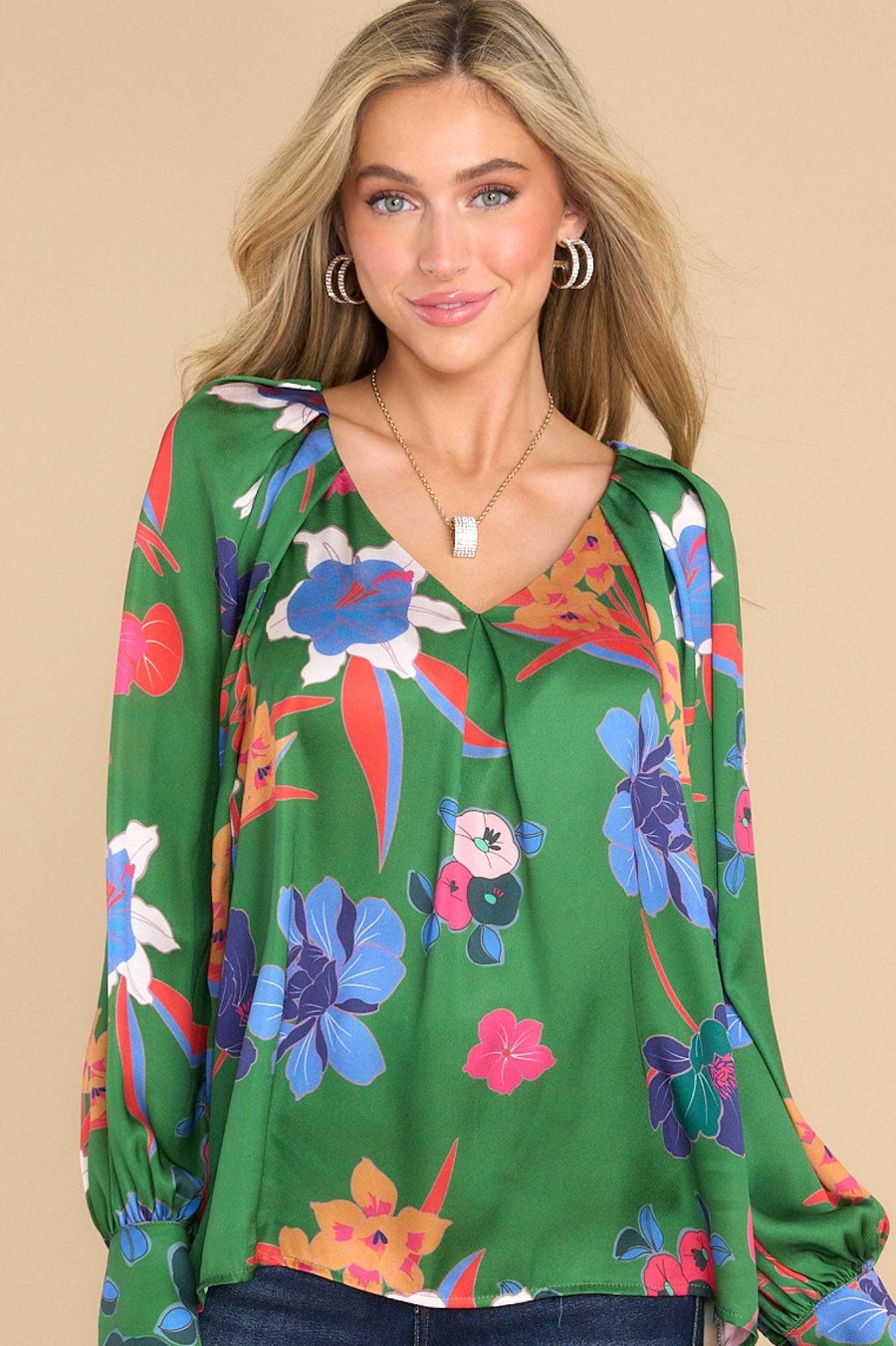 Clothing Red Dress Casual Tops | Go Act Out Floral Print Top Green