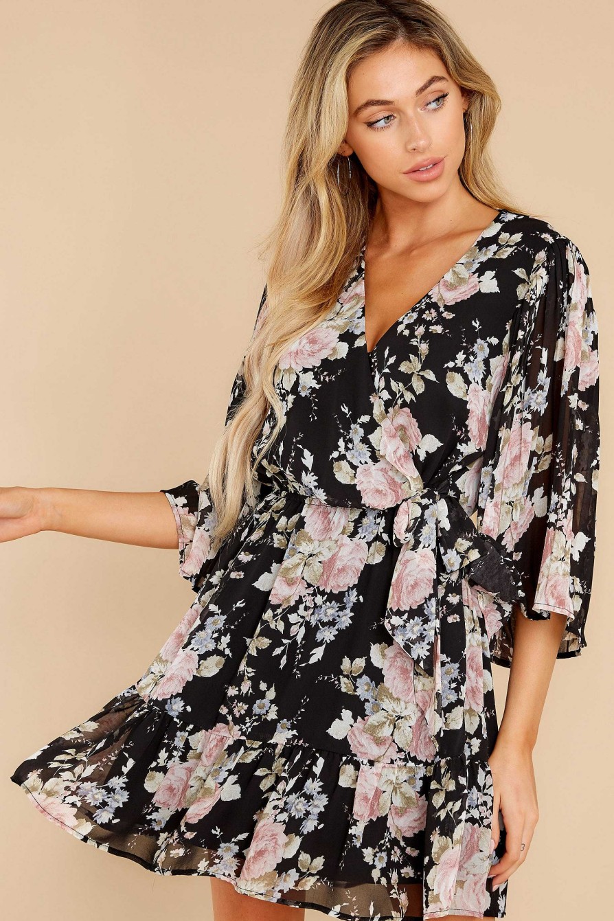 Clothing Red Dress Long Sleeve Dresses | Insta Hearts Floral Print Dress Black