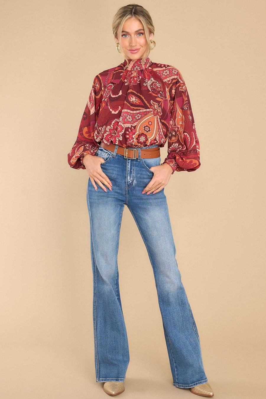 Clothing Aura Blouses & Shirts | Amuse Me Multi Print Top Burgundy