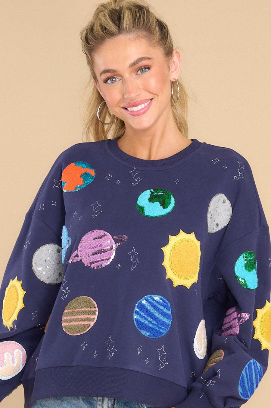 Clothing Queen of Sparkles Sweaters | Fuzzy Planet Sweatshirt Navy