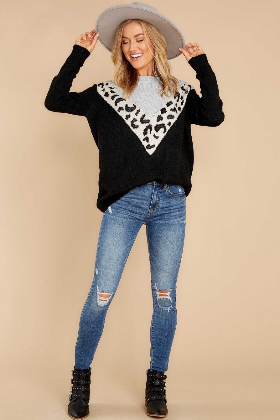 Clothing Red Dress Sweaters | Wild Feather Leopard Print Sweater Black