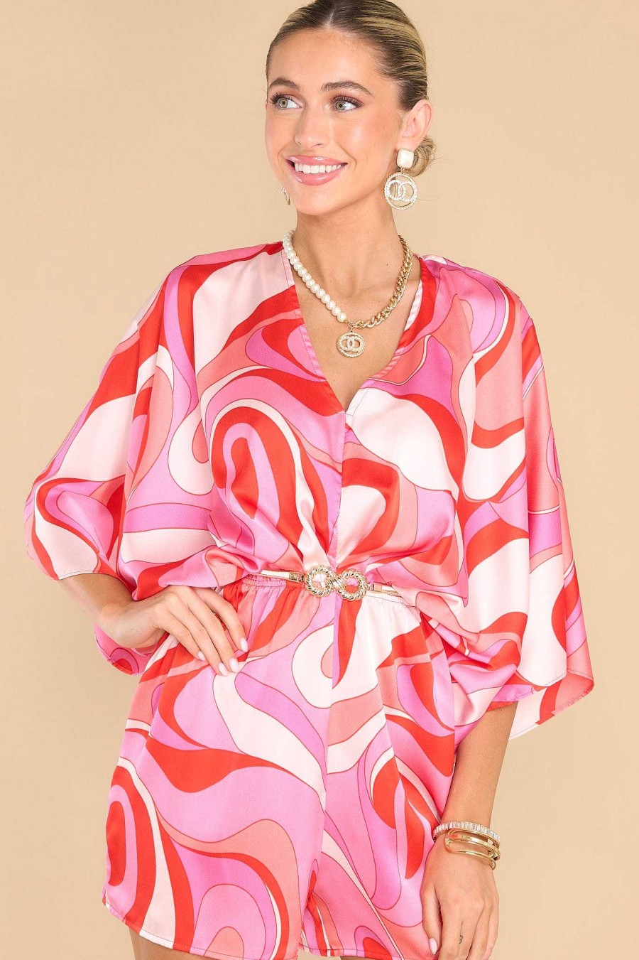 Clothing Red Dress Rompers | Party Anytime Multi Print Romper Hot Pink