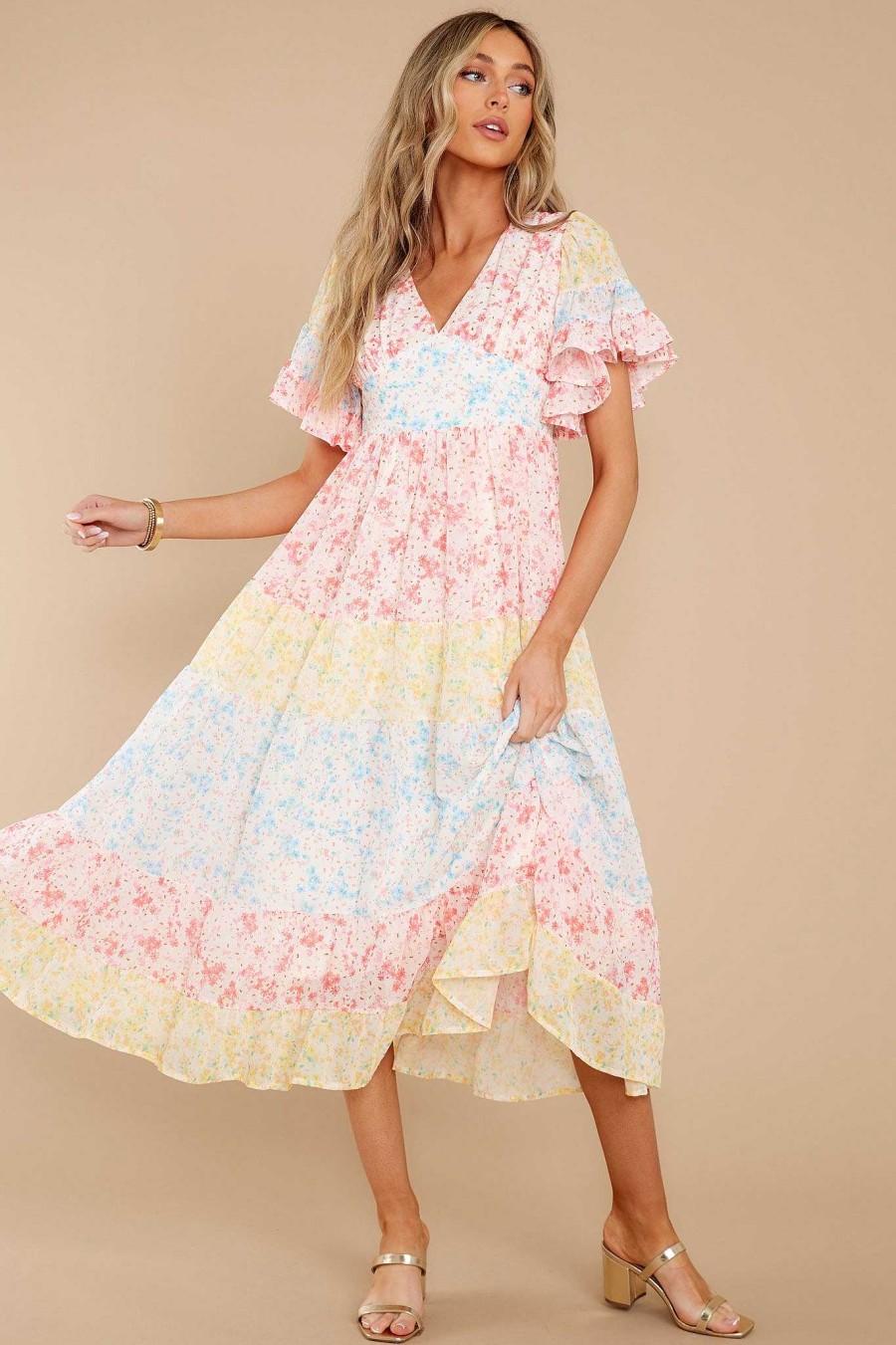 Clothing Aura Maxi Dresses | Use Your Imagination Multi Floral Print Midi Dress Pink