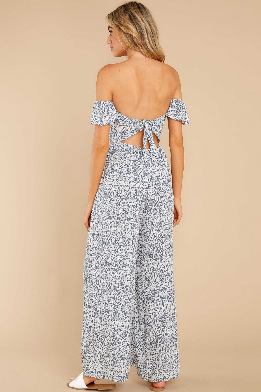 Clothing Red Dress Jumpsuits | Reason To Believe Floral Print Jumpsuit Steel Blue