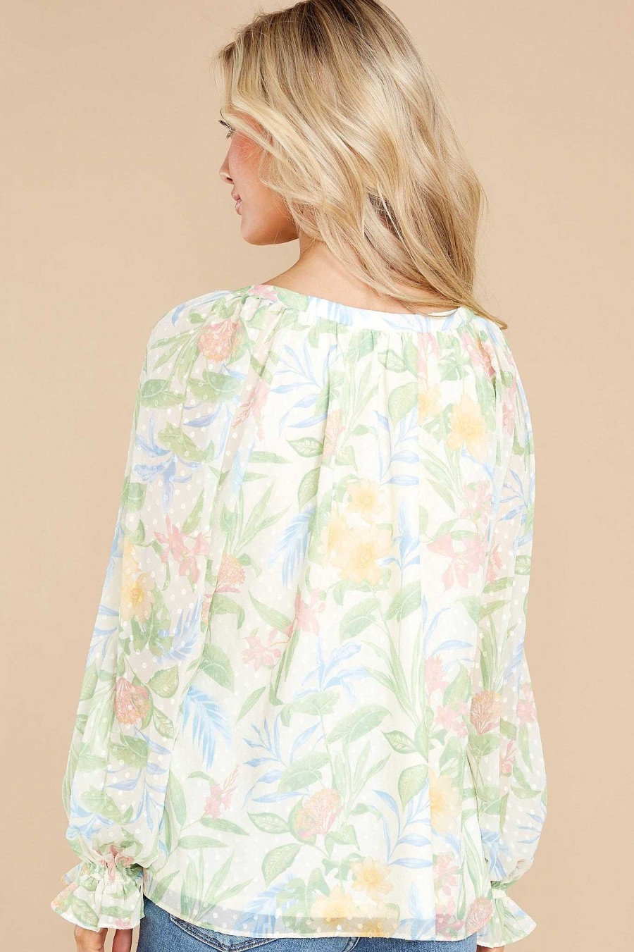 Clothing Aura Blouses & Shirts | Dreams Come True Ivory And Sage Floral Print Top White